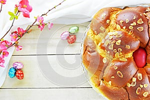 Easter bread ,mini chocolate eggs andÃÂ  flowering quince